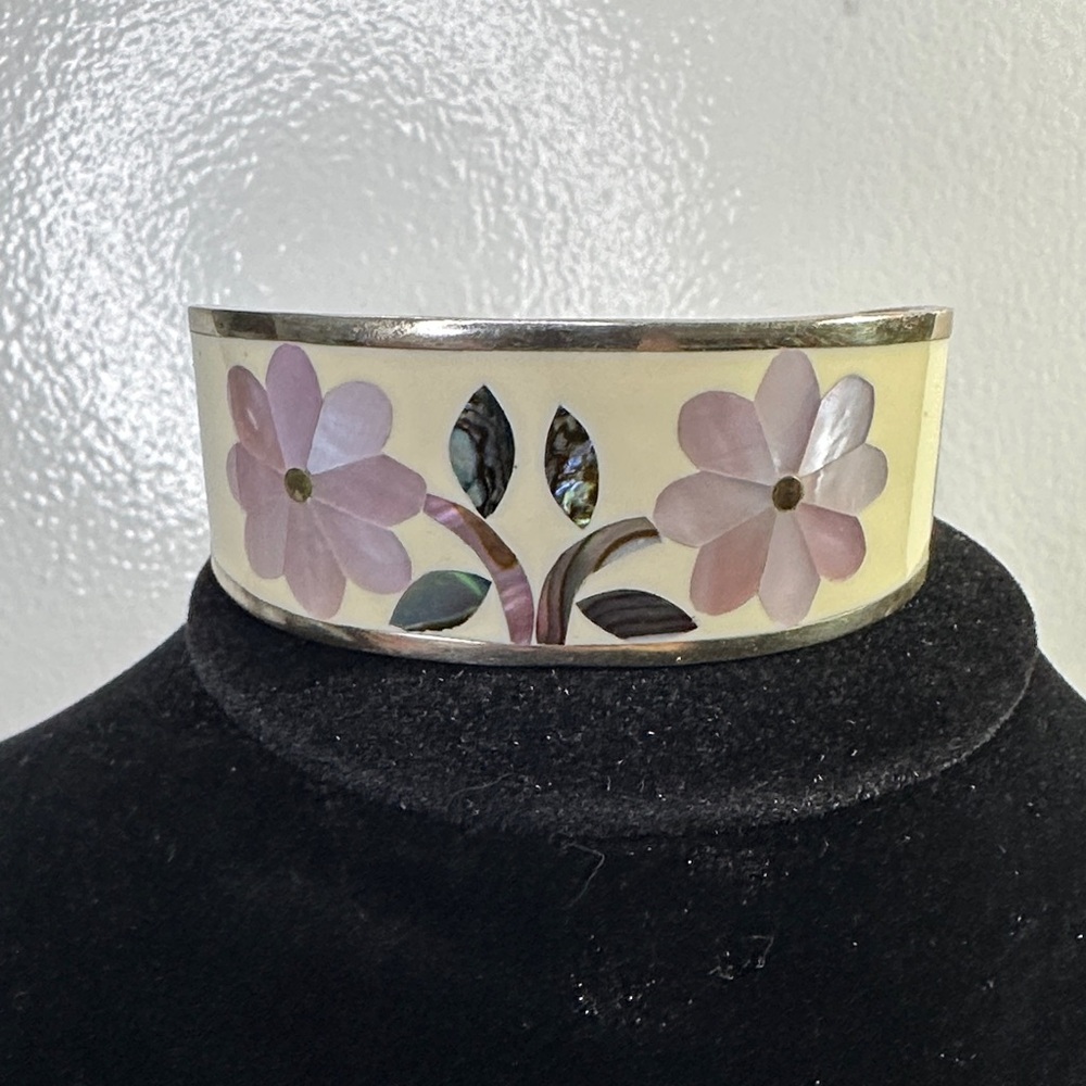 Floral Silver and Cream Cuff Bracelet